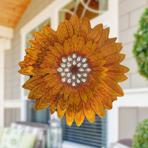 Exhart Laser Cut Sunflower Hanging Wind Spinner with Beads, 12 Inch
